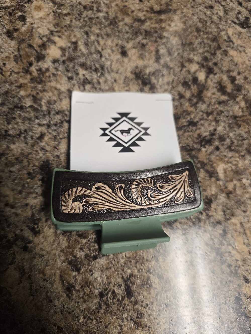 Leather Tooled Hair Claw Clip - Green with Brown Tooled Accent